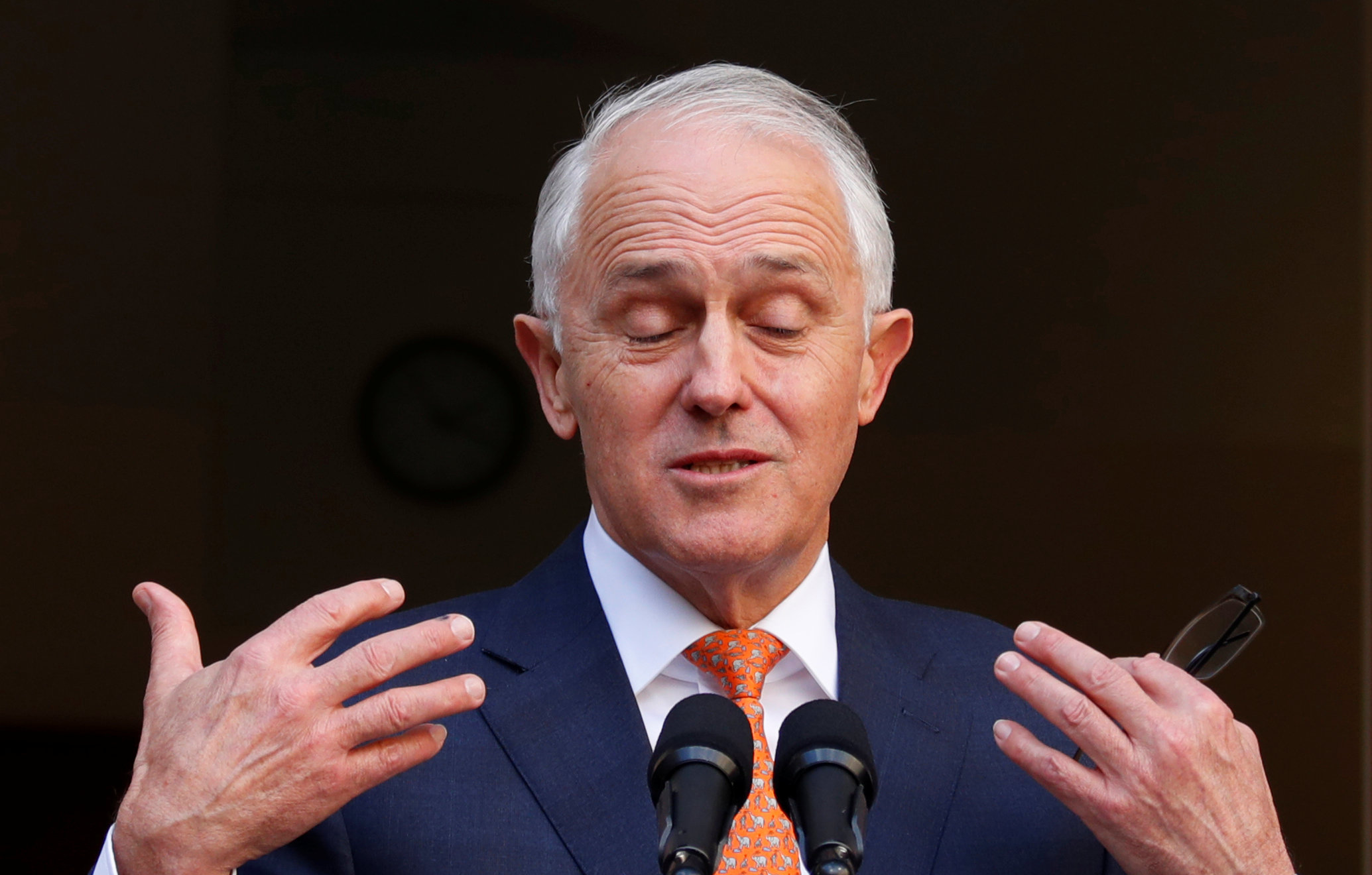 Former Australian Prime Minister Malcolm Turnbull speaks during a news conference after a party...