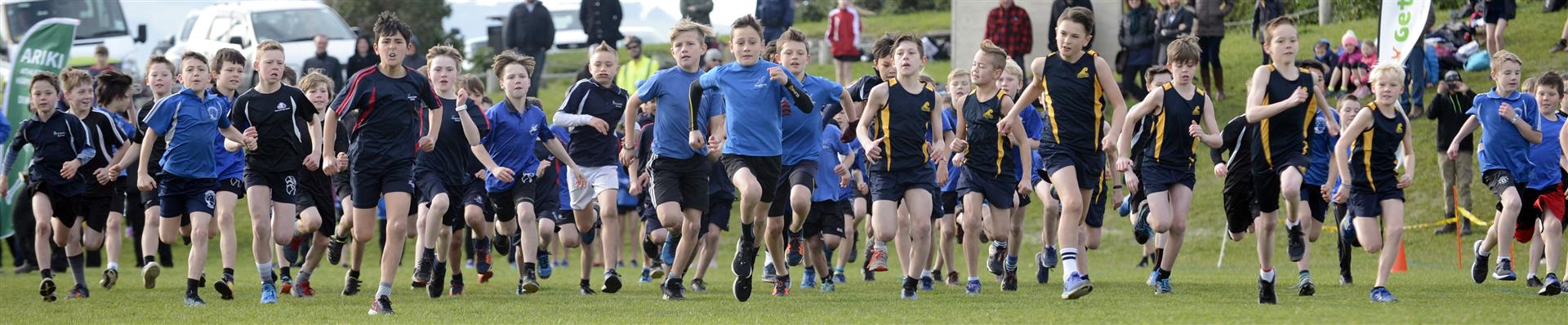 Runners take off from the start line of the boys year 5 and 6 race of the Ariki Cup at Kettle Park yesterday. Photos: Gerard O'Brien