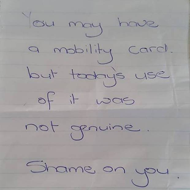 This is the note left on Paul Francis' car after legally parking in a disable spot at a Rangiora...