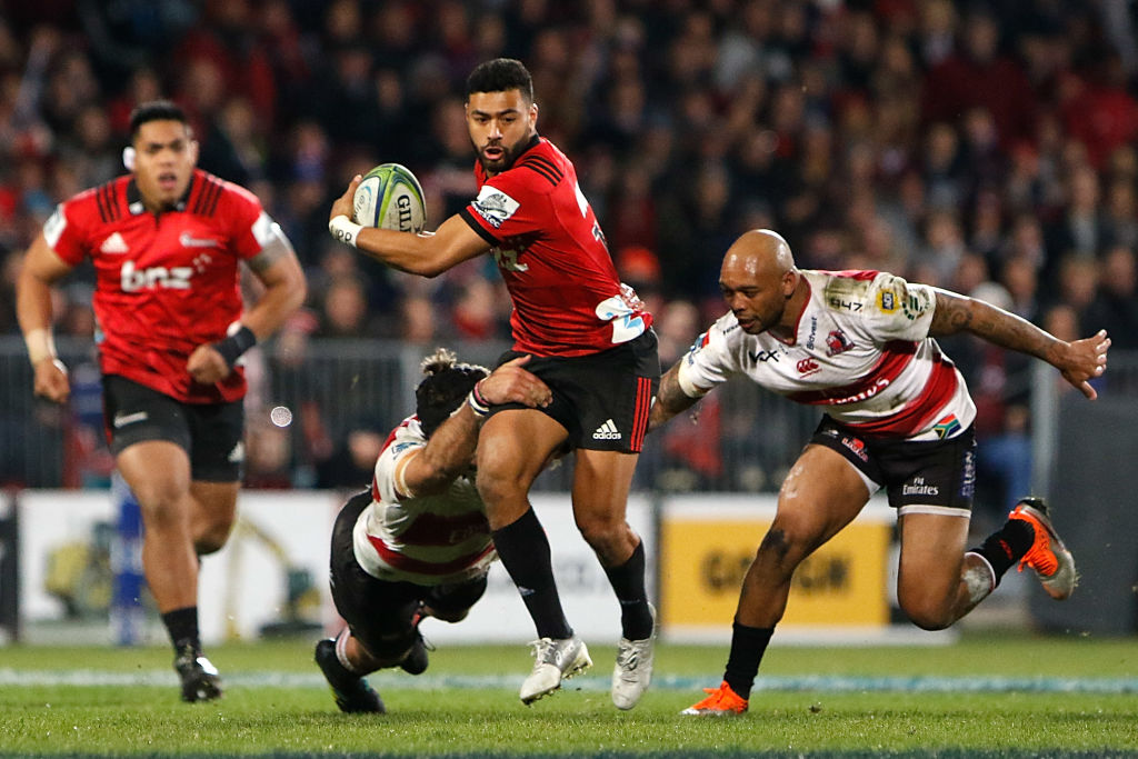 Richie Mo'unga makes a break for the Crusaders against the Lions during the Super Rugby final....