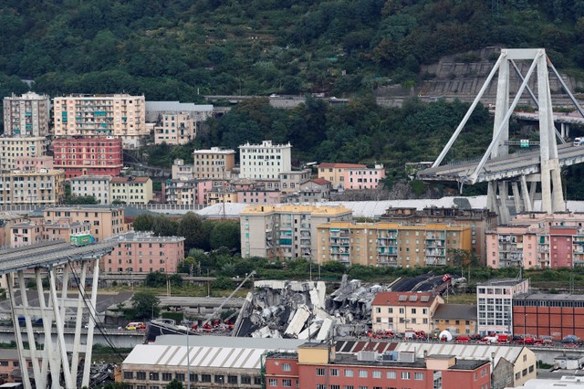 The collapsed Morandi Bridge is seen in the Italian port city of Genoa. Photo: Reuters