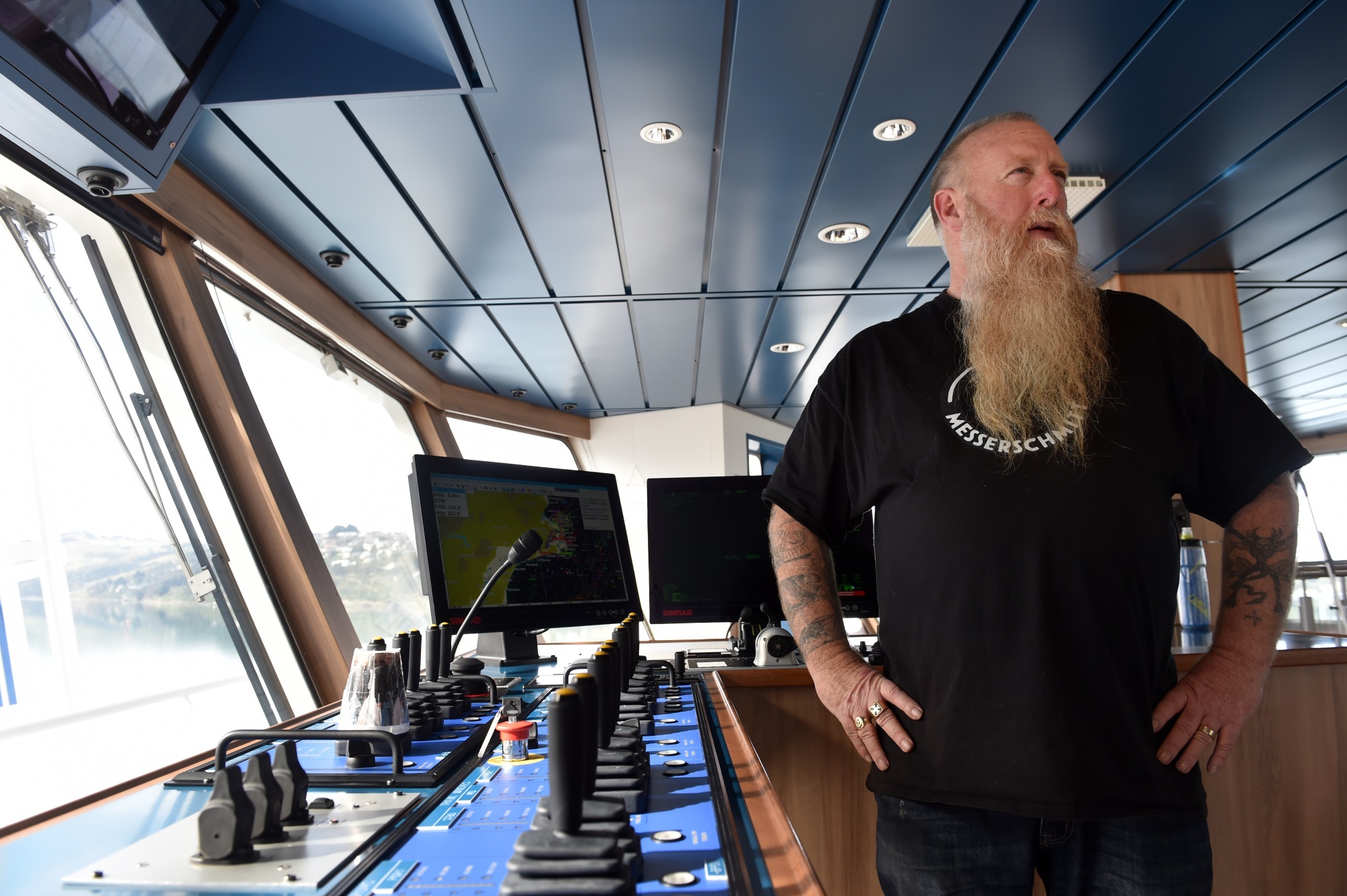 The captain of Sealord’s vessel Tokatu, Rex Chapman, at the trawl gear controls on the ship’s...