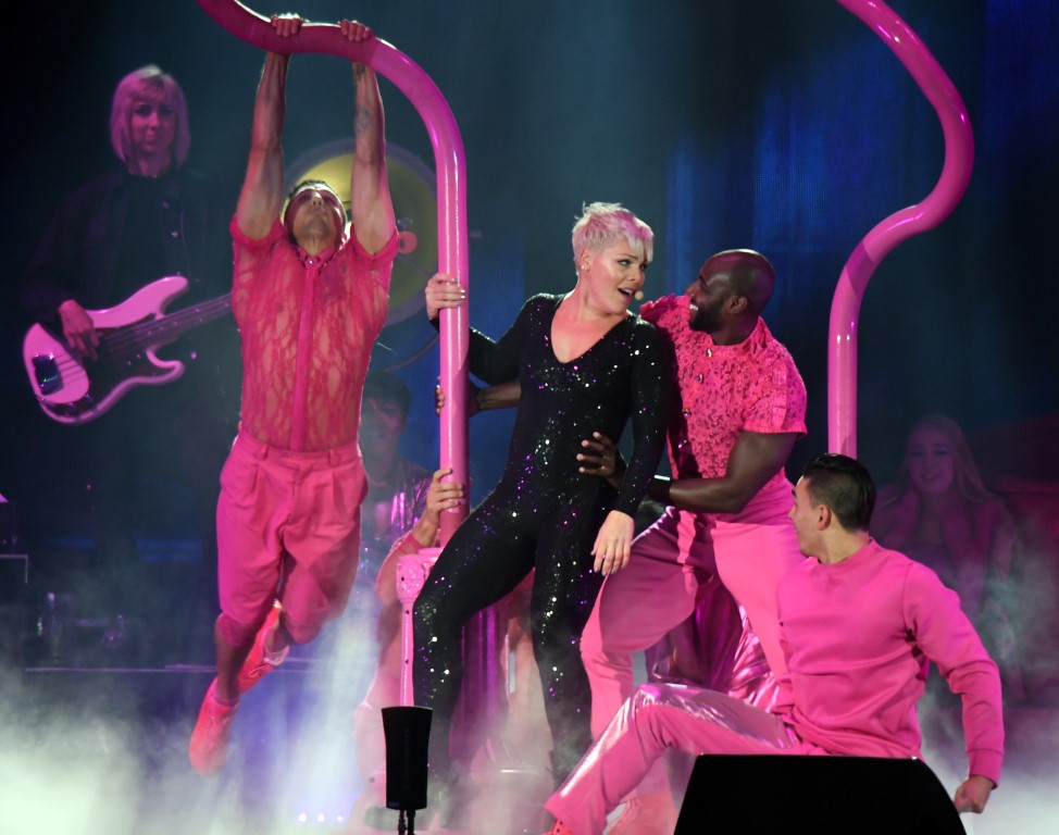 Pink on stage in Dunedin on Saturday night. Photo: Stephen Jaquiery