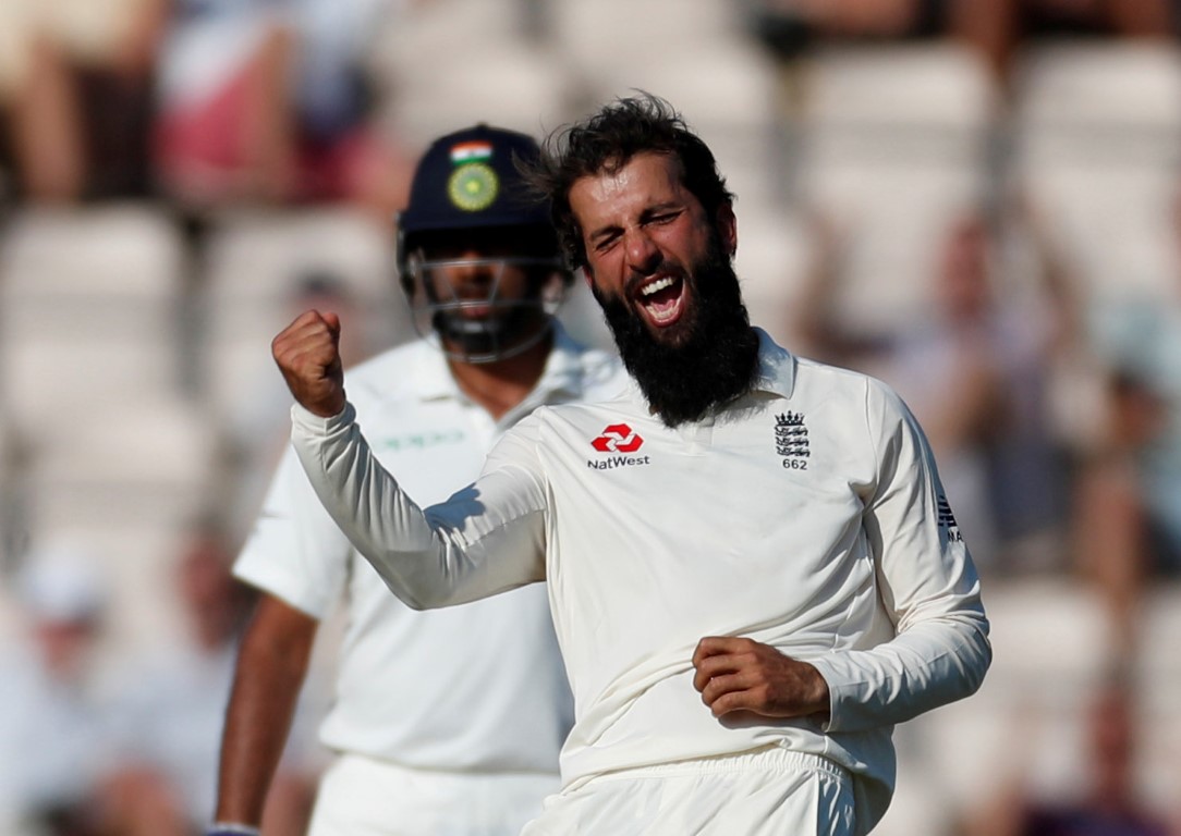 England's Moeen Ali celebrates taking the wicket of India's Ajinkya Rahane. Photo: Reuters