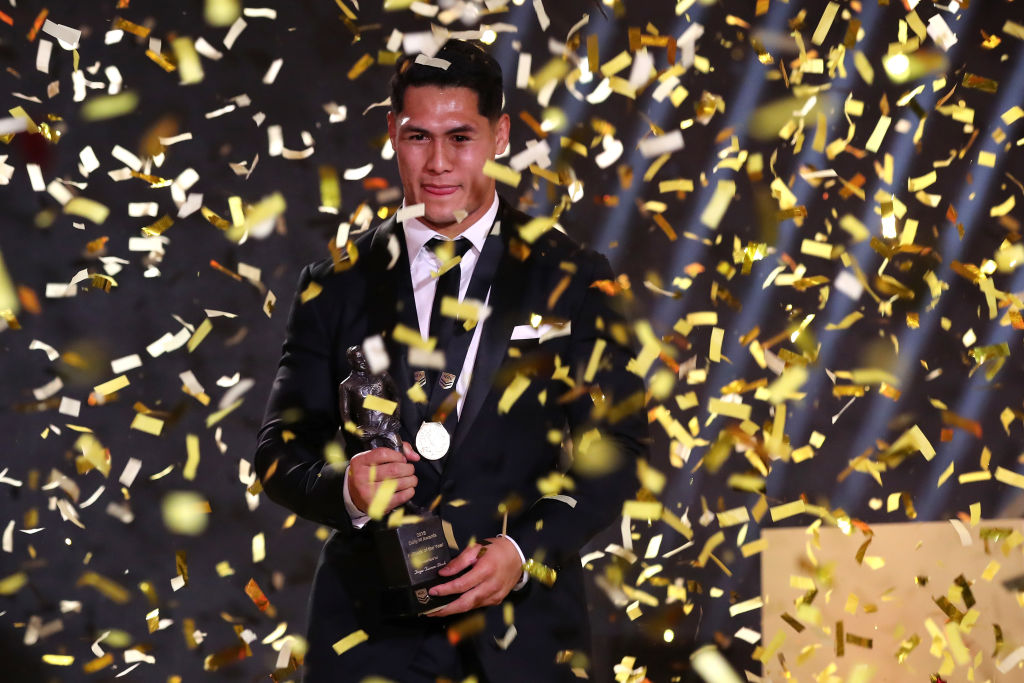 Roger Tuivasa-Sheck holds the trophy after being announced as the Dally M medal winner in Sydney....