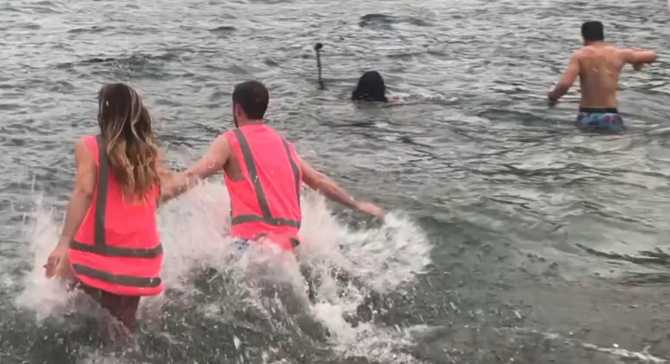Feeling the cold while taking a dip.