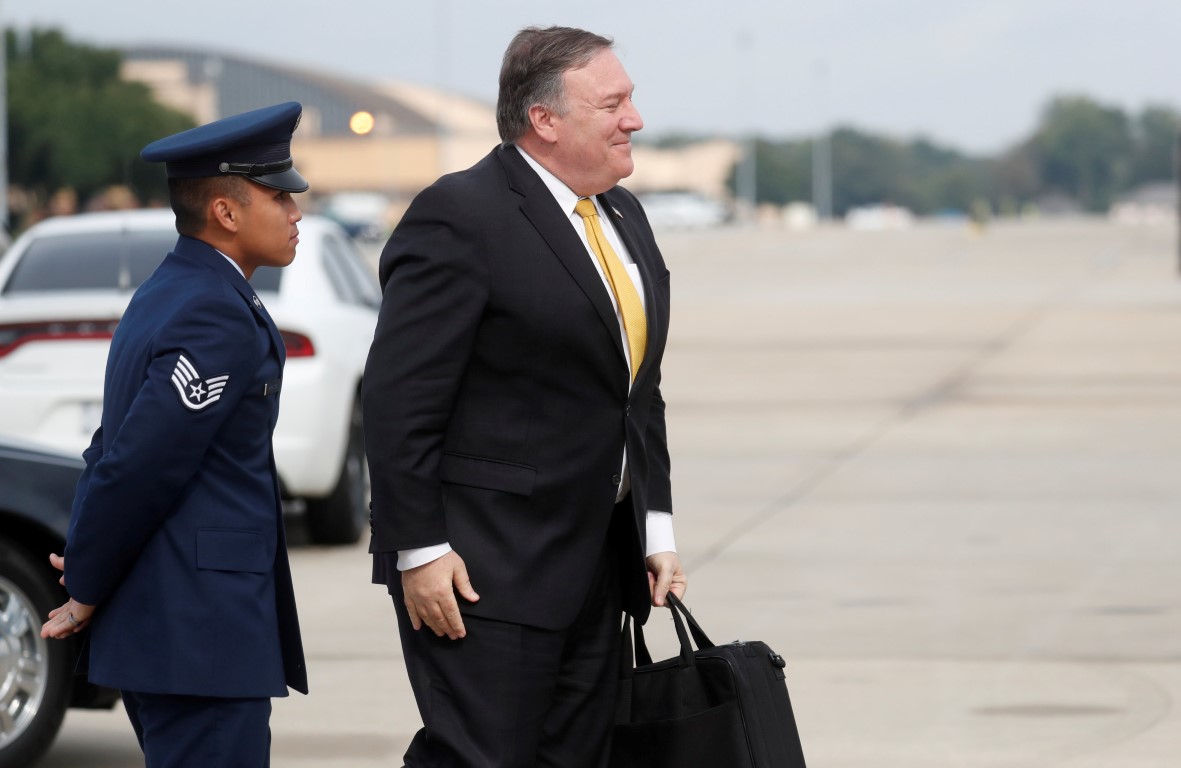 US Secretary of State Mike Pompeo heads to his plane at Joint Base Andrews, Maryland to depart...