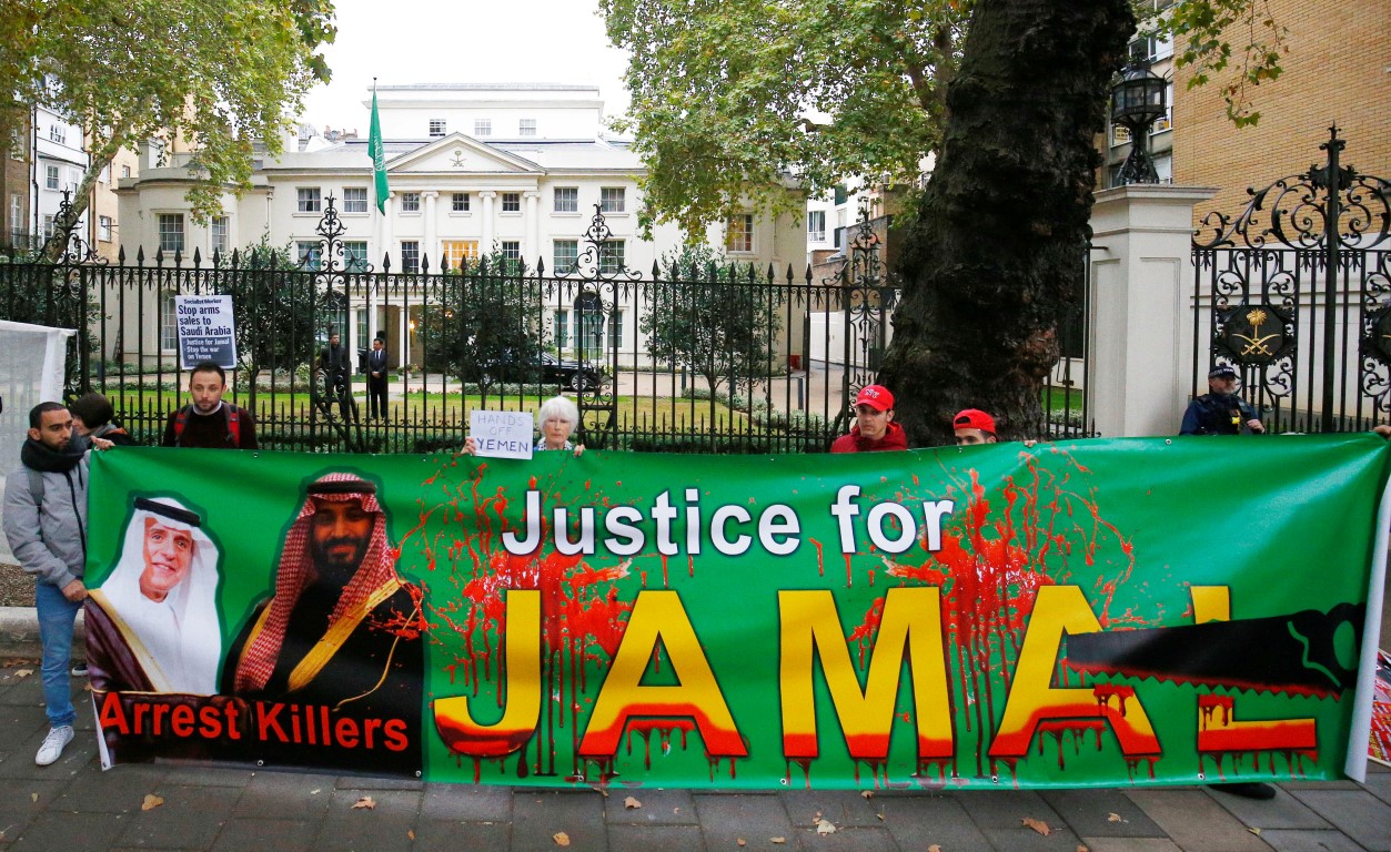 Demonstrators from the Stop The War Coalition stage a protest against the killing Jamal Khashoggi