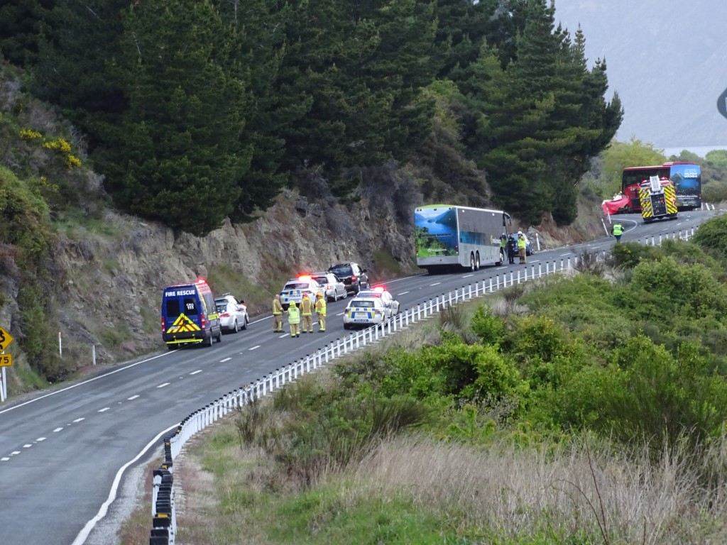Emergency services at the scene of the crash this morning. Photo: Tracey Roxburgh
