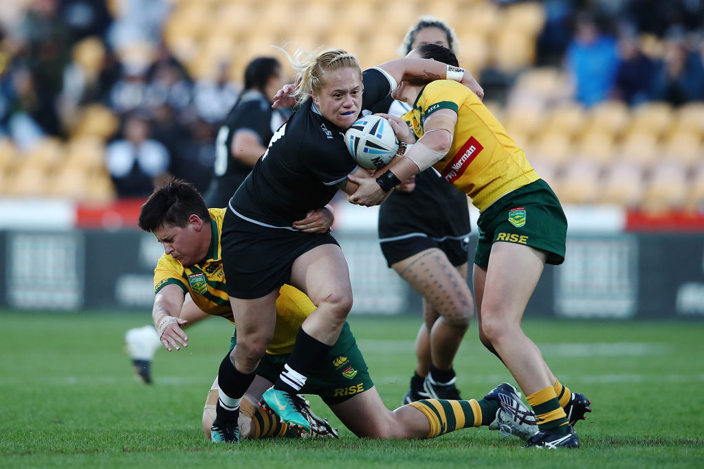 New Zealand's Amber Kani on the charge against the Australian Jillaroos. Photo: Getty