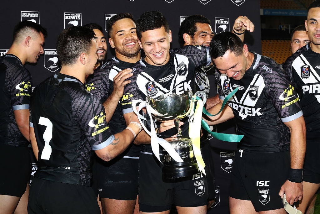 Kiwis players celebrate after their victory over the Kangaroos at Mt Smart Stadium in Auckland....