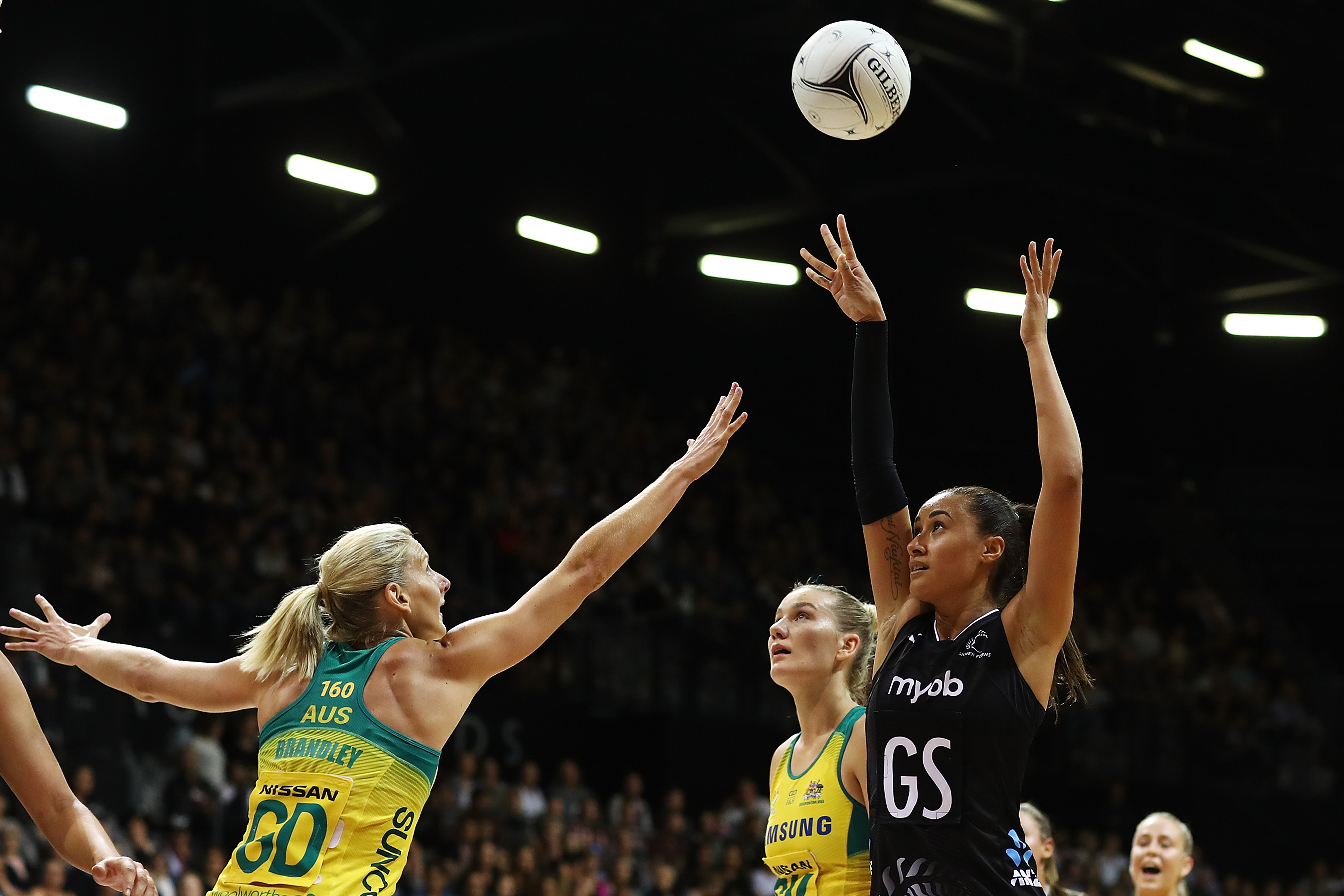 Maria Folau shoots over the Australian defence during the Silver Ferns' victory in Hamilton....