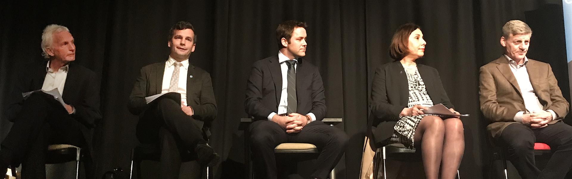 The End of Life Choice Bill debate panel comprises (from left) Otago regional councillor Michael Laws, Act MP David Seymour, host and Clutha-Southland MP Hamish Walker, Dr Mary English and former PM Sir William English. Photo: Daisy Hudson