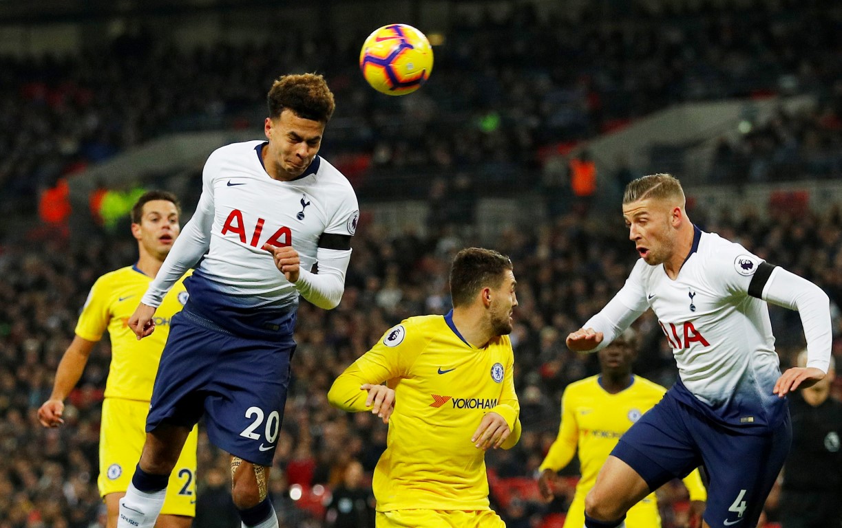 Tottenham's Dele Alli gets up to score their first goal against Chelsea. Photo: Reuters