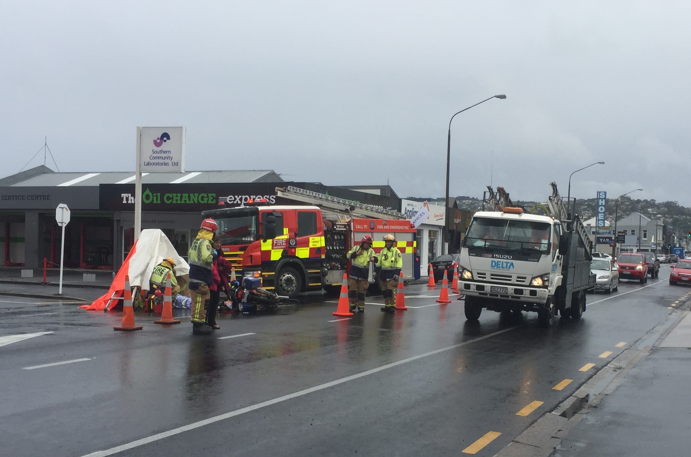 A motorcyclist was injured in a crash in Hillside Rd this afternoon. Photo: Gregor Richardson