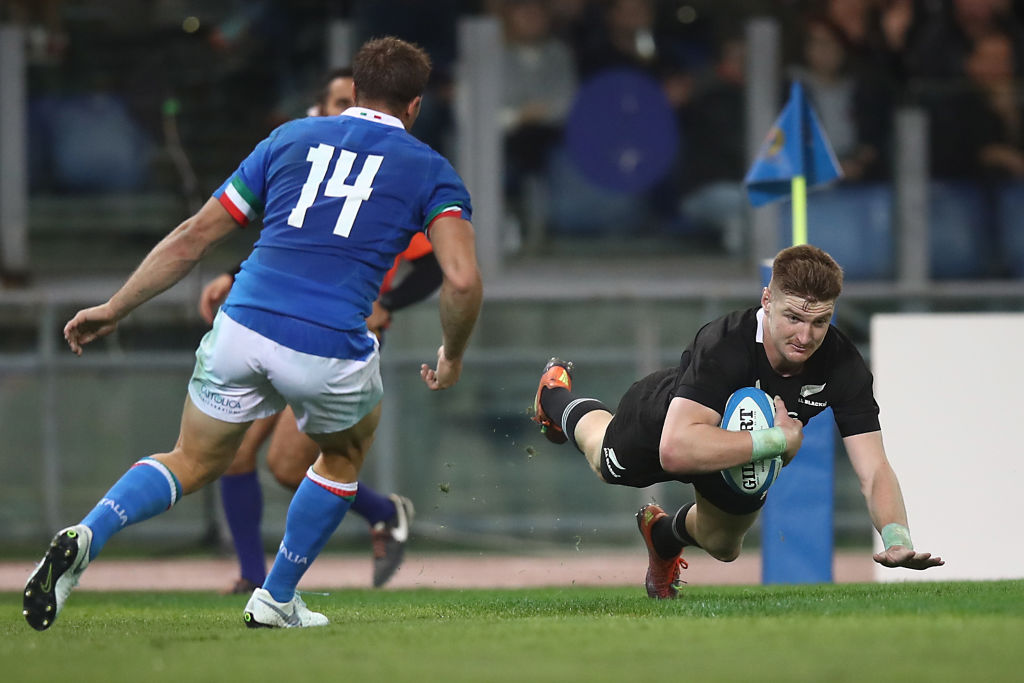 Jordie Barrett dives over to score for the All Backs against Italy. Photo: Getty