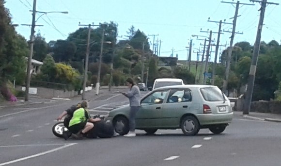 A car and a motorcycle collided in Dunedin this afternoon. Photo: Jack Anderson