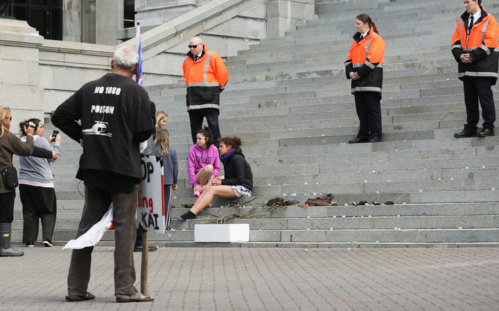 Protesters against the use of the poison 1080 placed dead birds on the steps of Parliament. Photo...