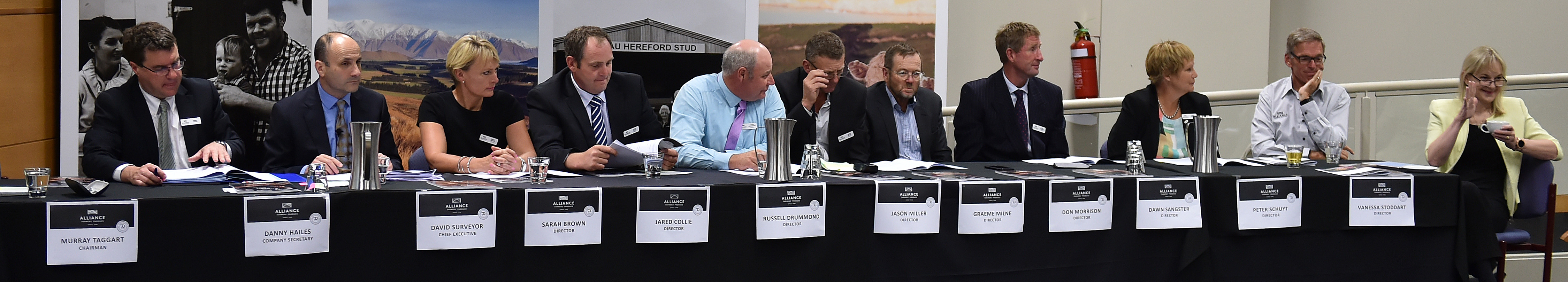 Watching proceedings at Alliance Group's annual meeting at Otago Museum yesterday are (from left) company secretary Danny Hailes, chief executive David Surveyor and directors Sarah Brown, Jared Collie, Russell Drummond, Jason Miller, Graeme Milne, Don Mor