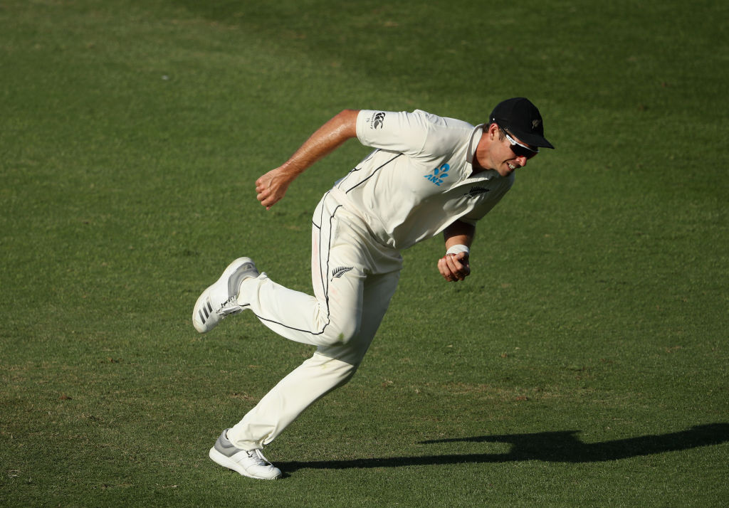 New Zealand's Tim Southee celebrates after taking a catch in the third test against Pakistan in...