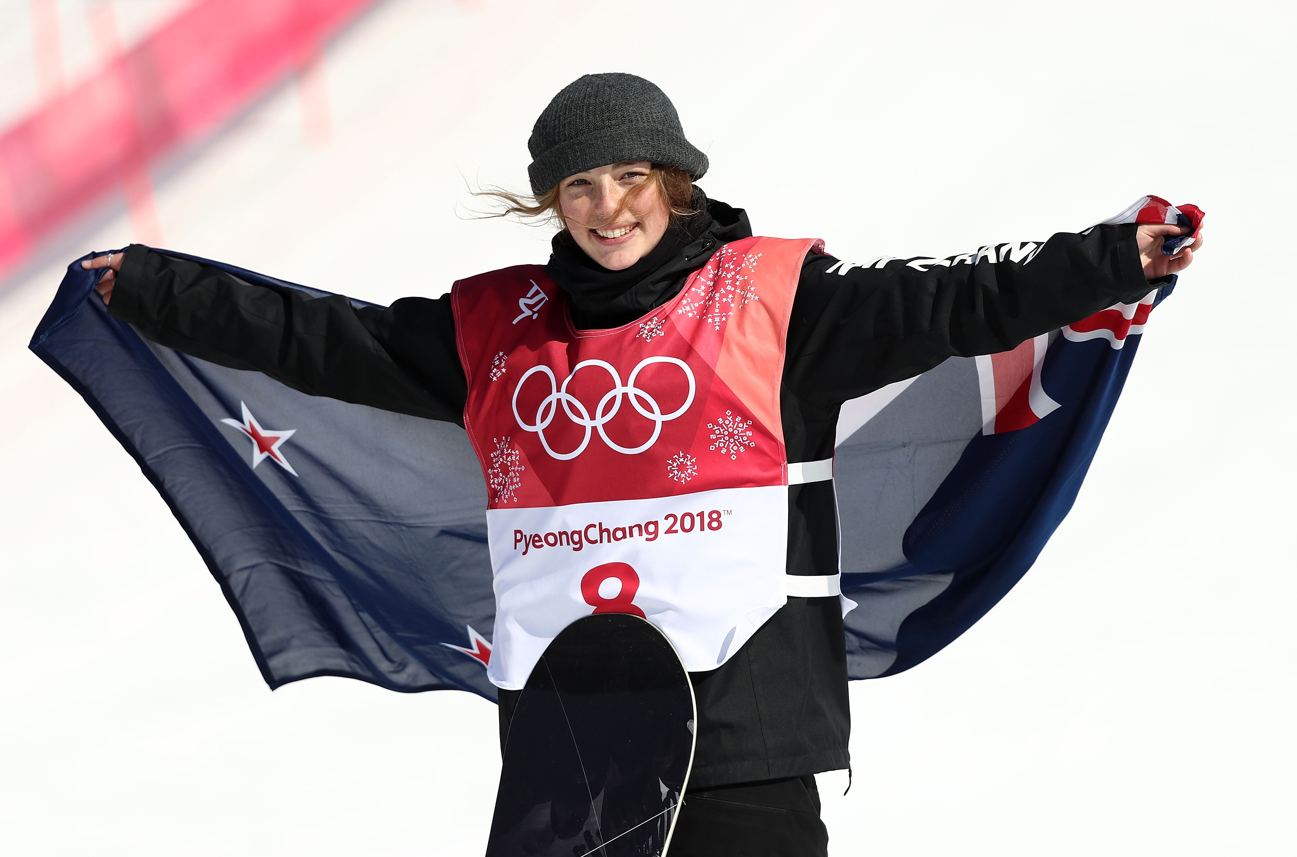 Wanaka's Zoi Sadowski Synnott celebrates during the victory ceremony after claiming bronze medal...