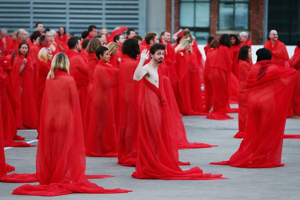 Participants pose for Spencer Tunick during the photo shoot in Melbourne in July. Photo: Getty