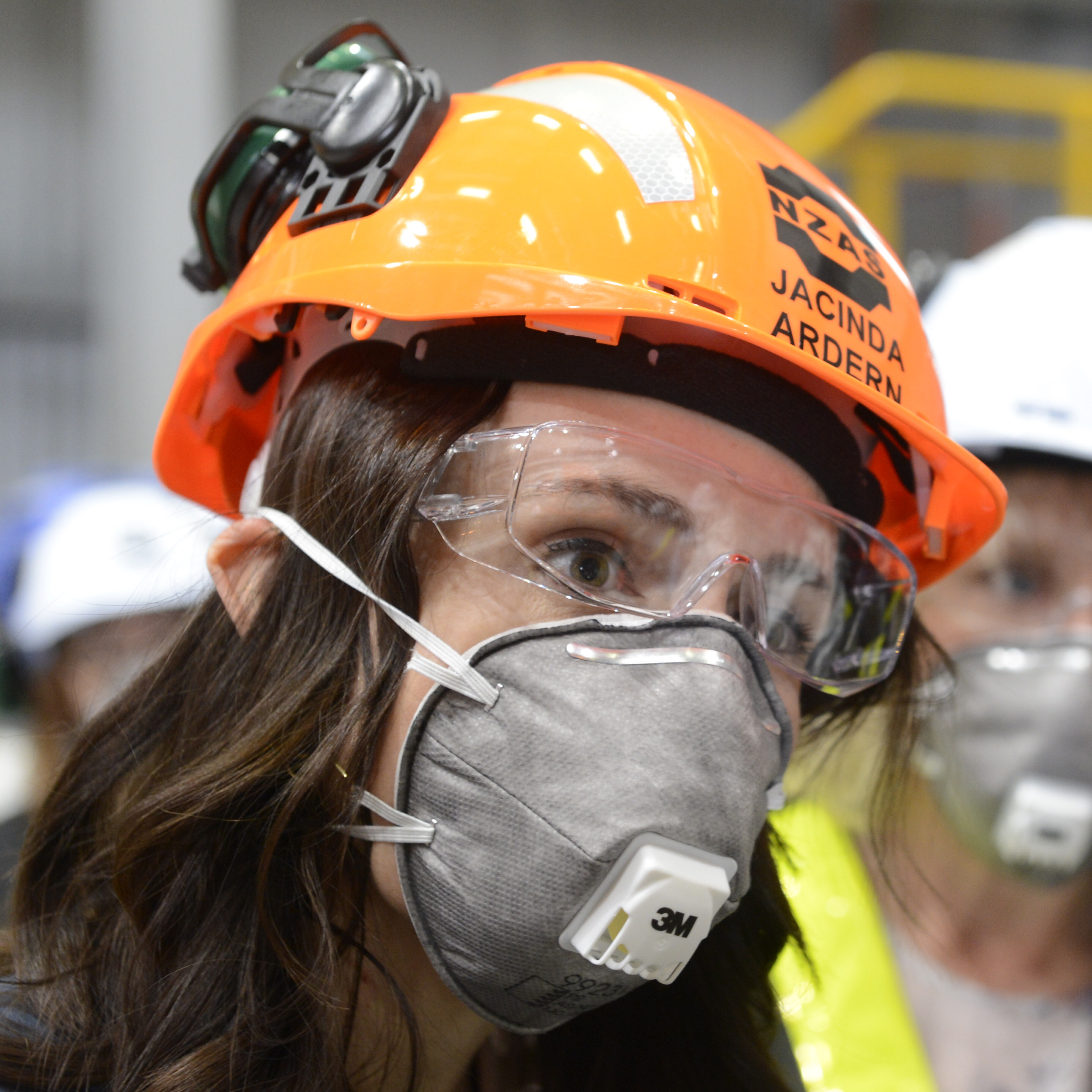 Jacinda Ardern wears full safety equipment while visiting the New Zealand Aluminium Smelter plant...
