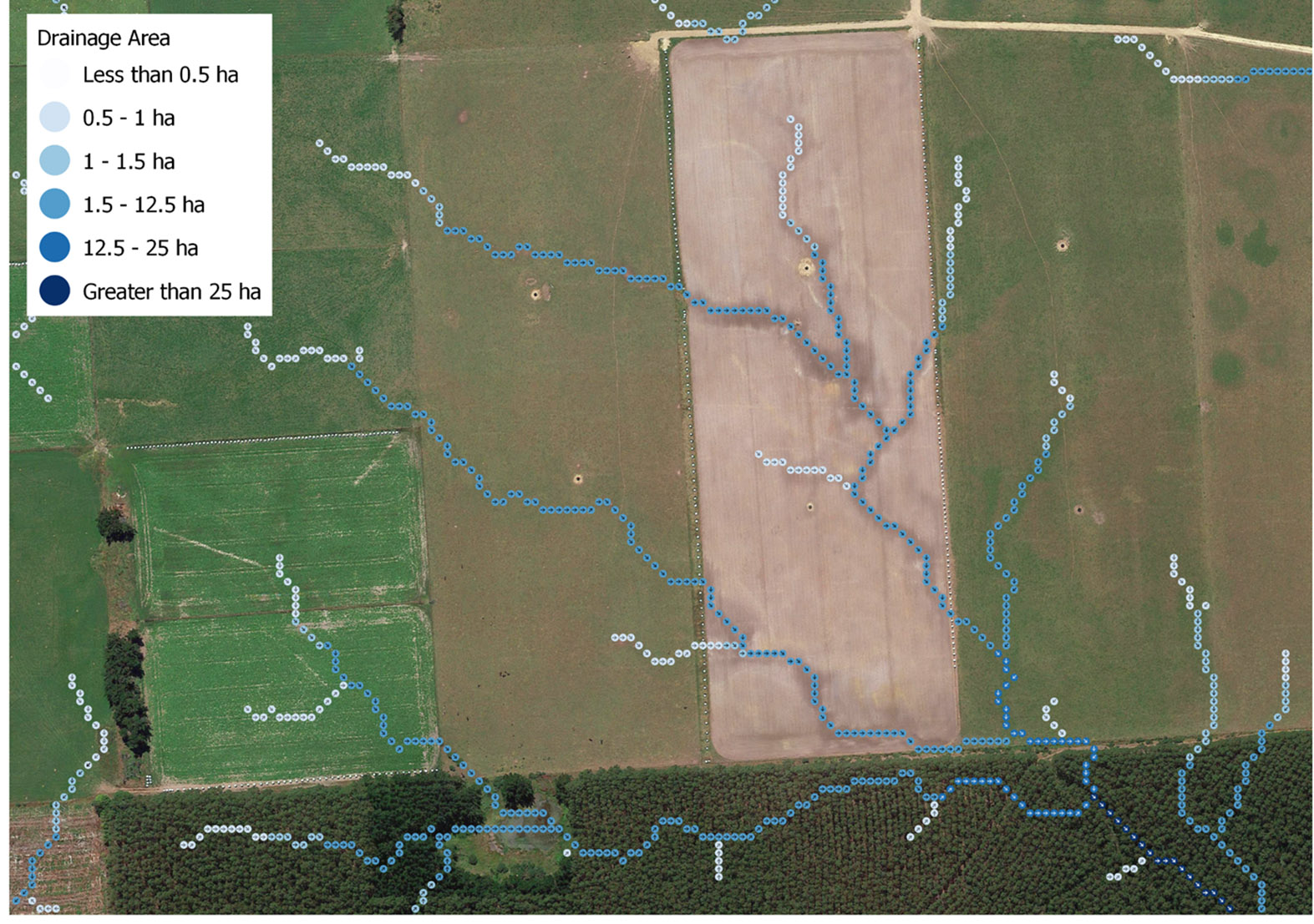 An example of how flow-path mapping of paddocks can help identify the optimal location for a peak run-off control structure. Photo: Supplied