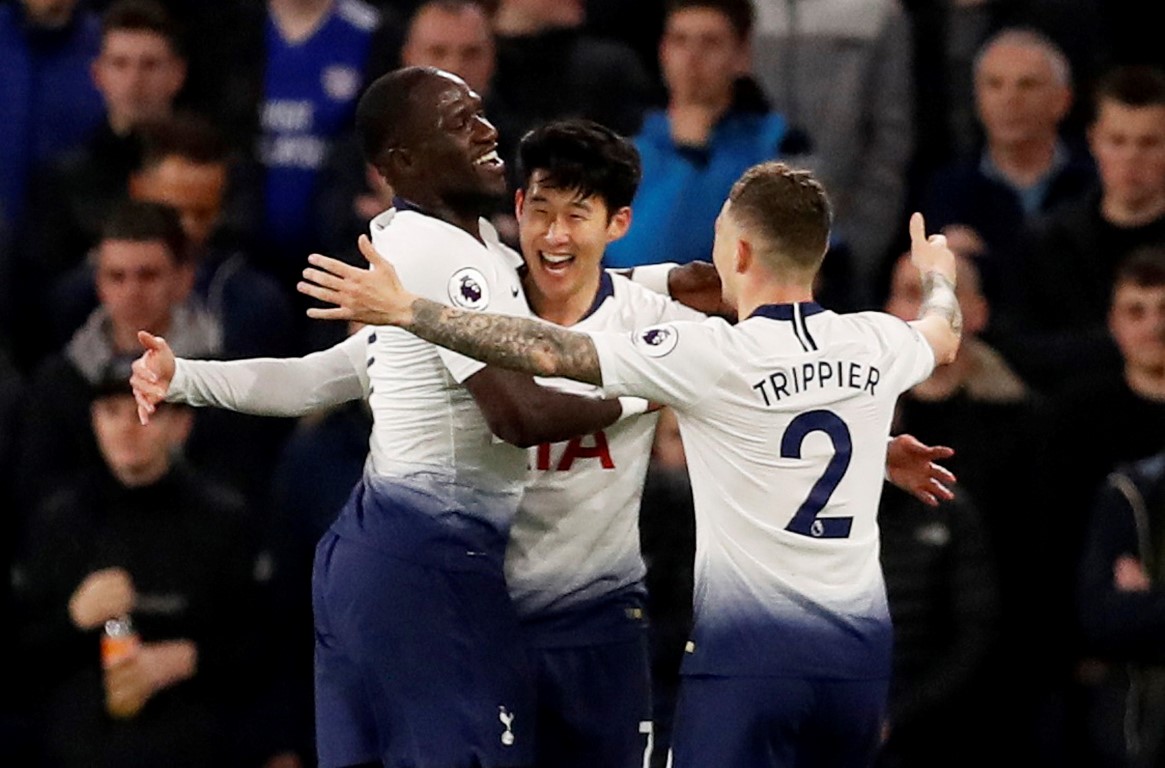 Tottenham's Son Heung-Min celebrates with teammates Moussa Sissoko and Kieran Trippier after...