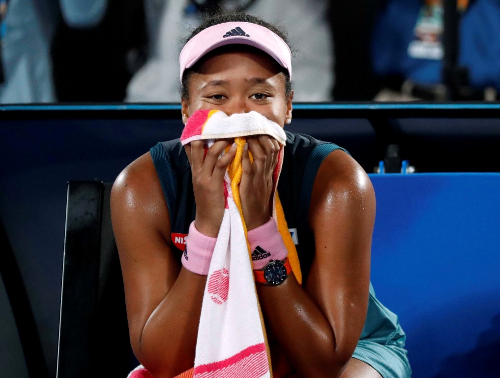 Naomi Osaka reacts after her victory. Photo: Reuters