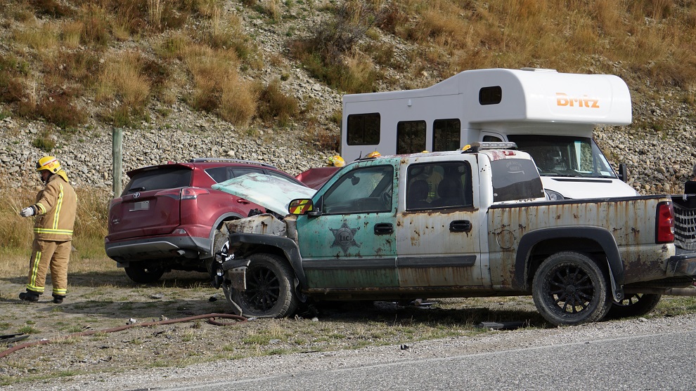 The crash-damaged vehicles in the Stack Conservation Area parking bay after the accident. Photo:...