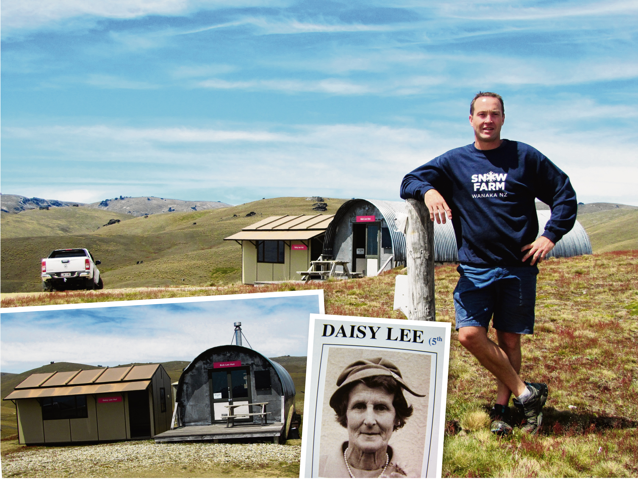 Snow Farm manager Sam Lee; the Daisy Lee hut (left) next to the Bob Lee Hut; Daisy Lee. Photos:...