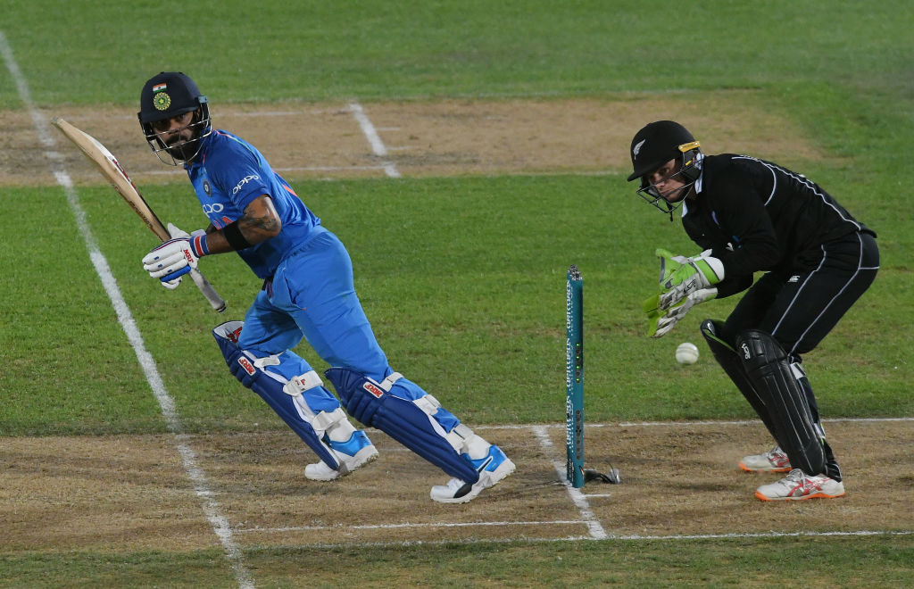 India's Virat Kohli plays a shot in the first ODI against New Zealand in Napier on Wednesday....