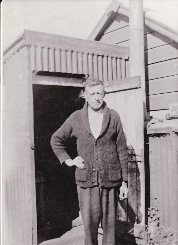 Herbert William Brunton outside his hut in Wairoa, where he was killed in 1948.