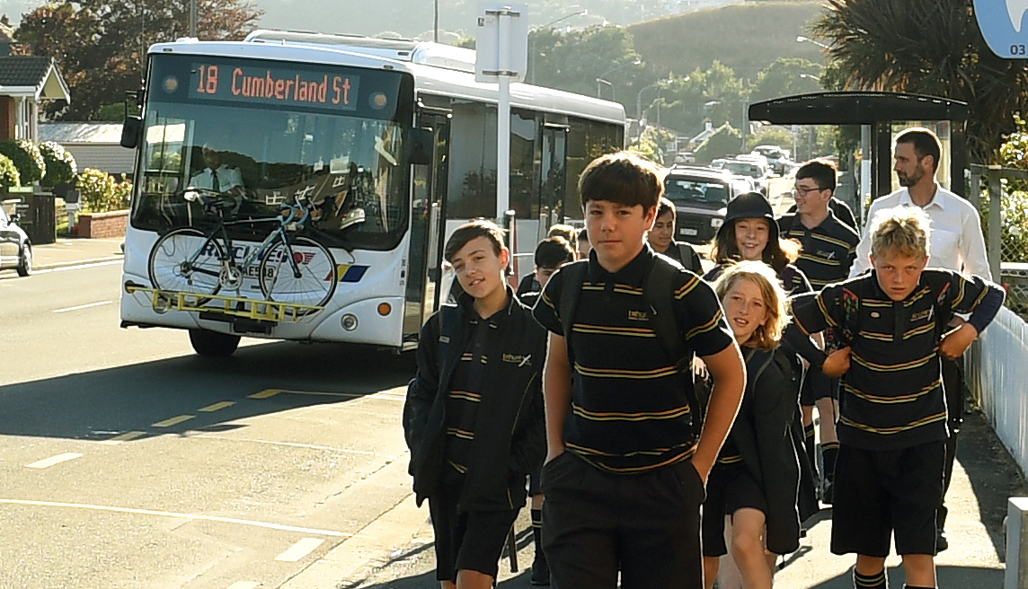 Tahuna Intermediate pupils enjoy a shorter walk to school following changes to the No 18 Otago Peninsula bus service, which now stops in several places along Musselburgh Rise. Photo: Stephen Jaquiery