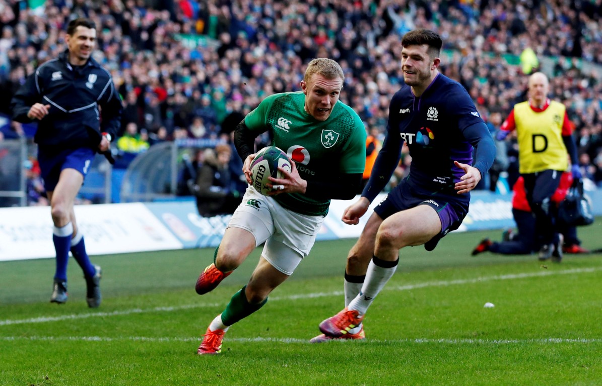 Ireland's Keith Earls runs in to score against Scotland. Photo: Reuters