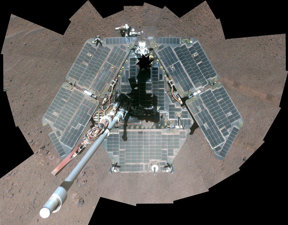 A portrait of NASA's Mars Exploration Rover Opportunity in a combination of frames taken by its...