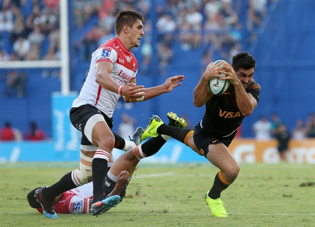 Jaguares captain Jeronimo de la Fuente falls with the ball against the Lions. Photo: Reuters