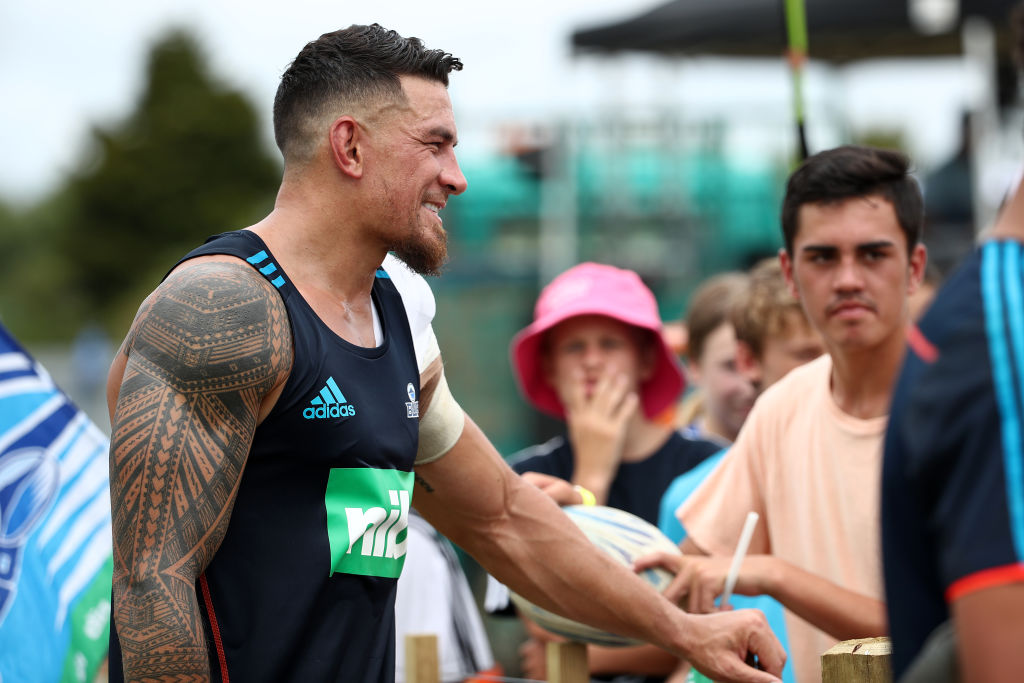 Sonny Bill Williams chats to fans during the Super Rugby pre-season match between the Blues and...