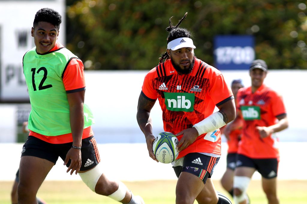 Ma'a Nonu (with ball) in action at a Blues training session at Alexandra Park in Auckland this...