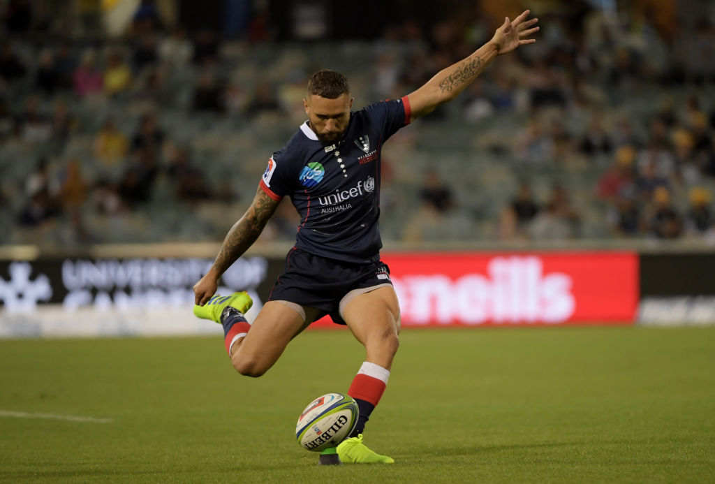 Quade Cooper steps in for a conversion attempt for the Rebels against the Brumbies. Photo: Getty