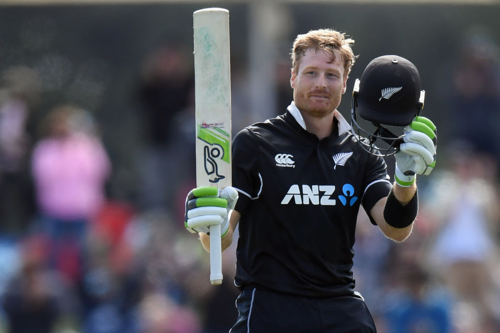 Martin Guptill celebrates his century. Photo / Getty