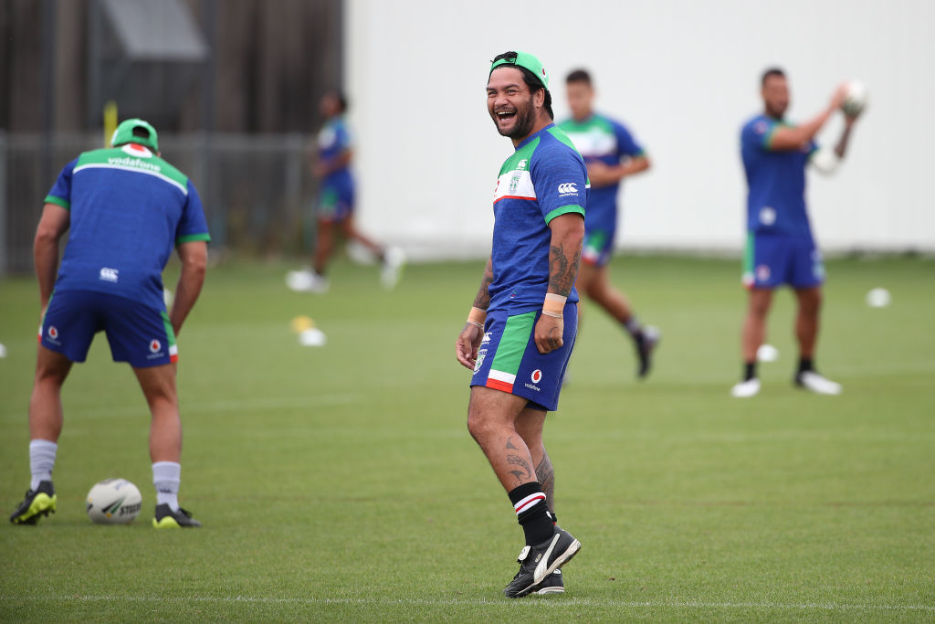 Issac Luke enjoys a light moment during a Warriors training session at Mount Smart Stadium in...