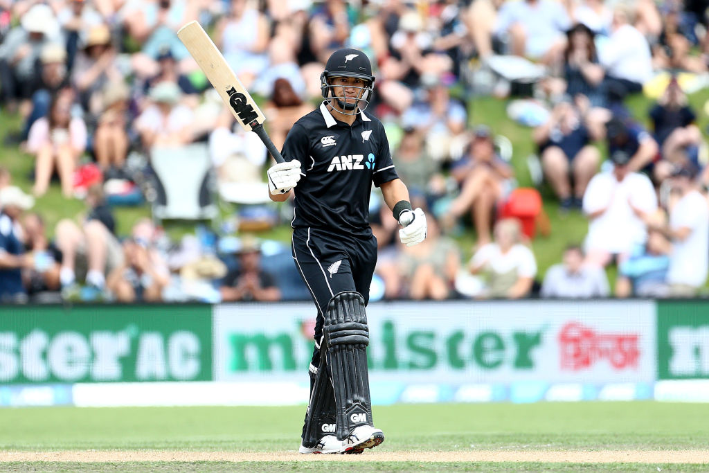 Ross Taylor celebrates reaching his half-century against Bangladesh at the University of Otago...
