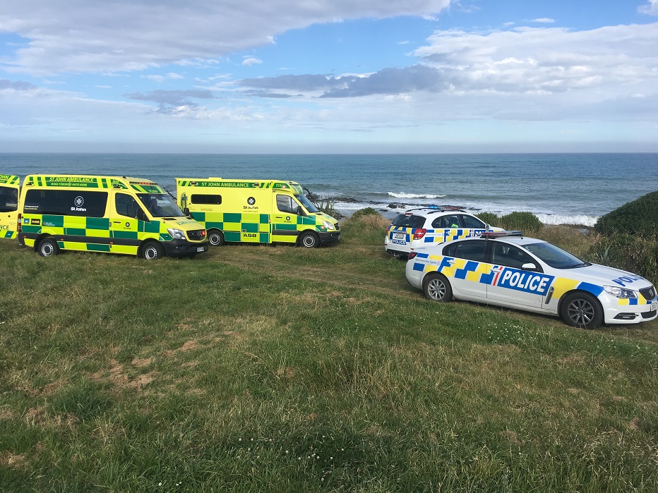 Emergency services at the scene of Tuesday's drownings at Kakanui in North Otago. Photo: Hamish...
