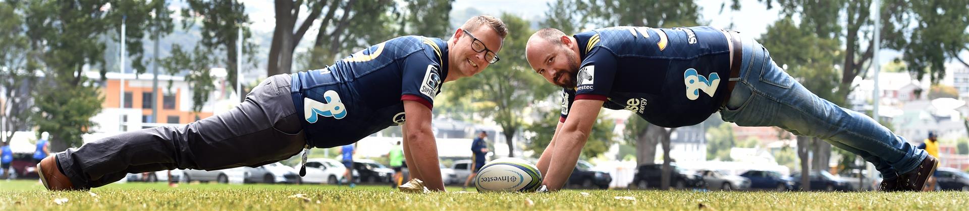 Corey Walden (left) and Dan McGrath at Logan Park earlier this week, are set to be part of a Highlanders fitness programme. Photo: Peter McIntosh