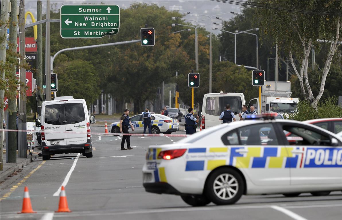 Police block a road near one of the mosques on the day of the shootings in Christchurch. Photo: AP