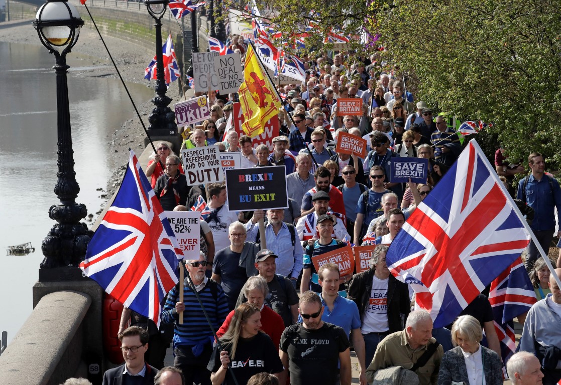 Brexit supporters take part in the final leg of the "March to Leave" along the embankment in...