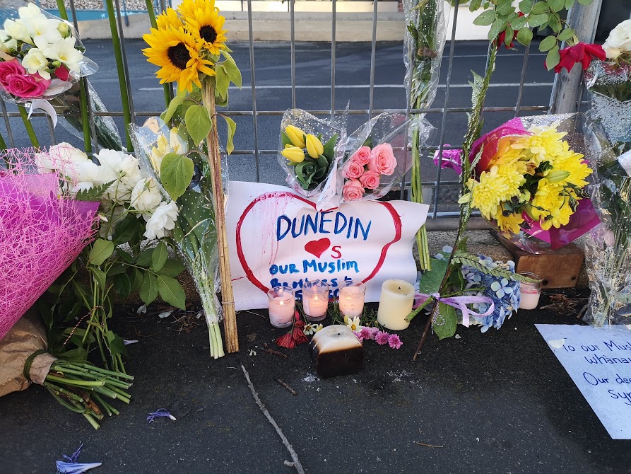 Tributes outside the Al Huda Mosque in Dunedin. Photo: Vaughan Elder