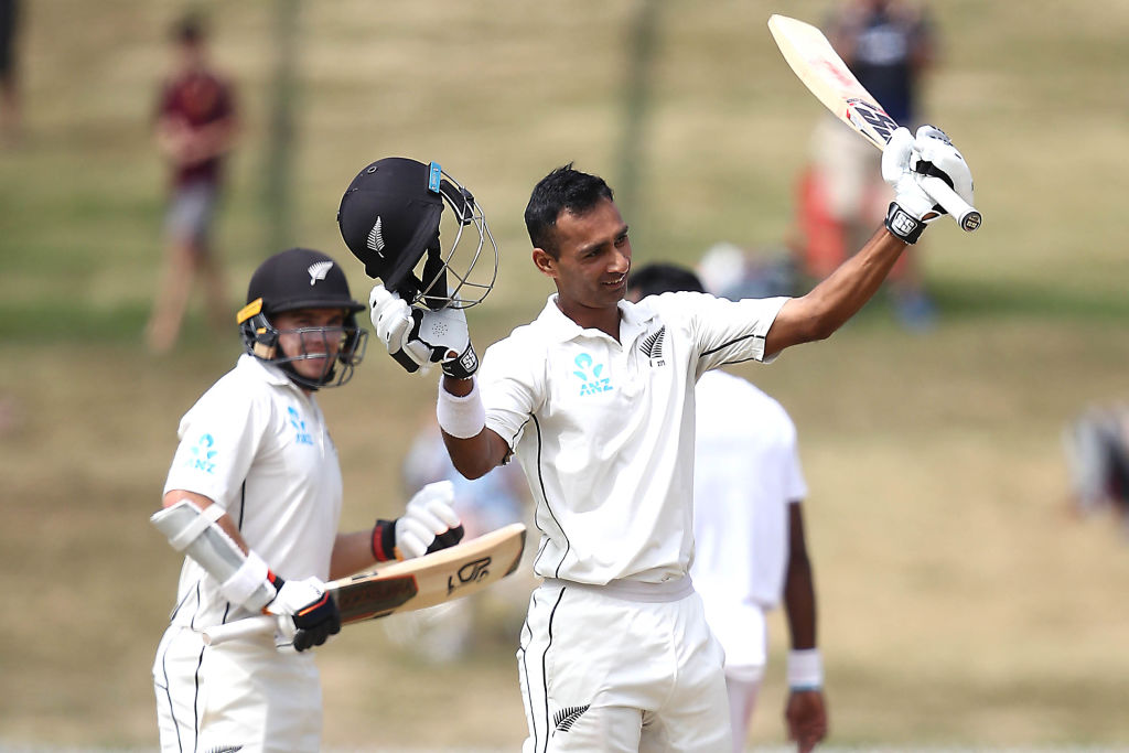 Jeet Raval acknowledges the crowd after scoring his maiden test century against Bangladesh in...